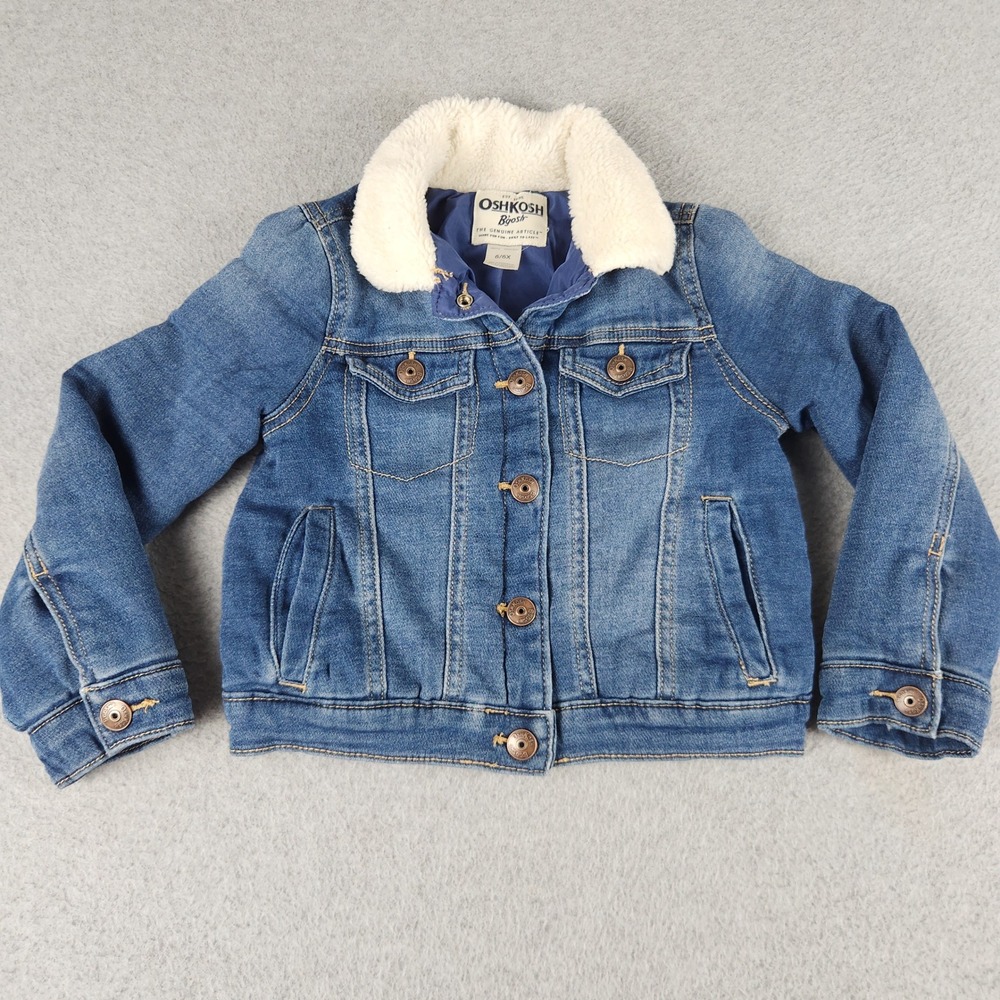 OshKosh B'gosh Trucker Jacket Girls 6/6X Blue Denim Sherpa Collar Button Front